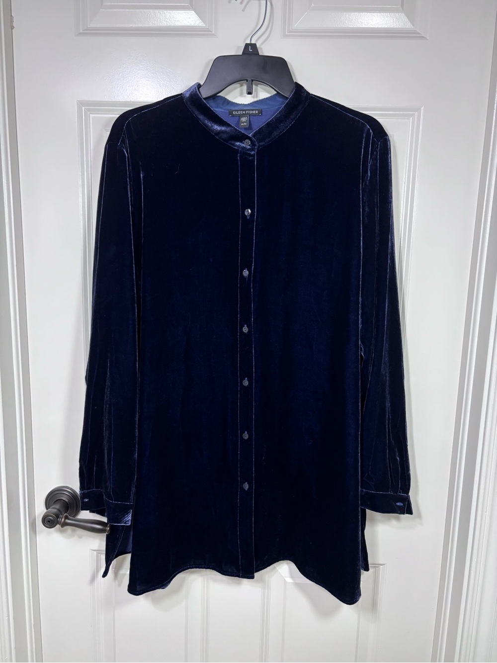 Eileen Fisher Long Sleeve Button Up Velvet Tunic Top Women’s XL Dark Blue
